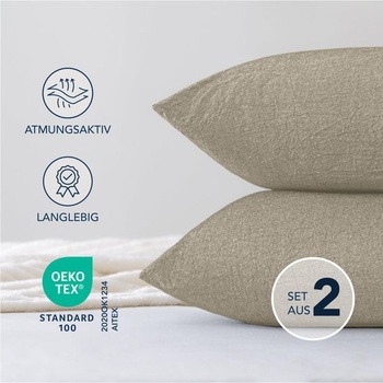 Obliečka na vankúš Dreamzie 40x80 cm, sada 2 kusov - 100% praná bavlna, béžová, certifikácia Oeko-TEX,