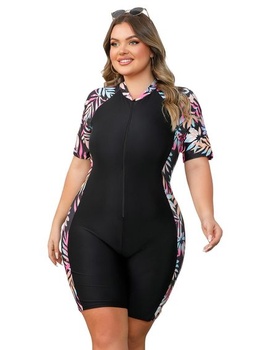 Dámske plavky Odizli pre väčšie veľkosti, krátky/bez rukávov, kvetinová potlač, krátky rashguard,