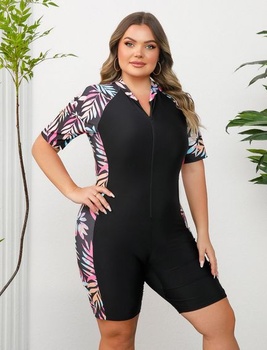 Dámske plavky Odizli pre väčšie veľkosti, krátky/bez rukávov, kvetinová potlač, krátky rashguard,