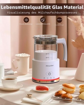 Elektrický napeňovač mlieka Morpilot 4 v 1, 500 ml, 600 W, sklenený napeňovač mlieka, horúci a