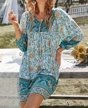 Dámske letné šaty krátke boho kvetinové áčkové šaty letné šaty, S, modrá