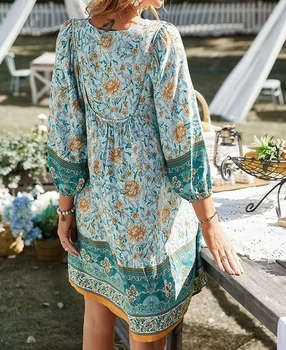 Dámské letní šaty krátké boho květinové áčkové šaty letní šaty, S, modrá