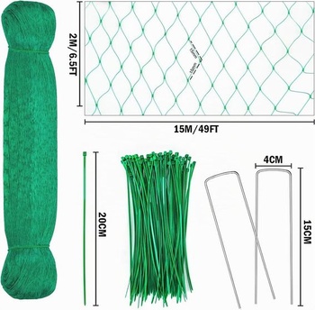 Sieť proti vtákom 2m x 15m, jemná sieť proti vtákom, s 50 sťahovacími páskami a 10 klincami,