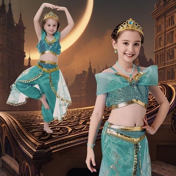 Kostým princeznej ACWOO Jazmín, 8dielny jazmínový kostým pre dievčatá, top a nohavice s tancom Aladin s
