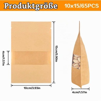 Papierové kraftové vrecká s okienkom, 65 ks Papierové kraftové vrecká 10x15 cm, znovuuzatvárateľné