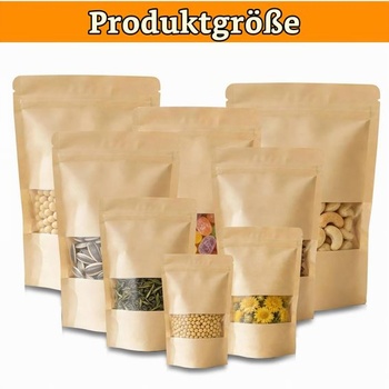 Papierové kraftové vrecká s okienkom, 65 ks Papierové kraftové vrecká 10x15 cm, znovuuzatvárateľné