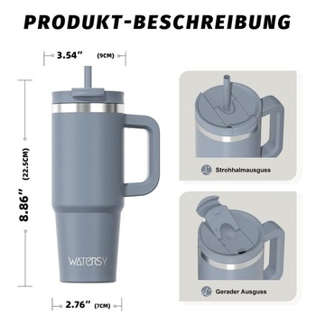 Termohrnek WATERSY 891ml se 2 brčky, nepropustný cestovní hrnek, vakuově izolovaný se šroubovacím