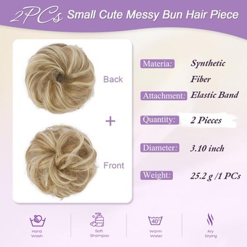 FESHFEN Mini dvojitý drdol, príčesok, blond, strapaté vlasy, pre ženy, 2 kusy, blond melír