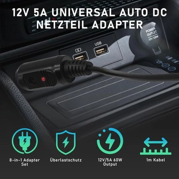 Univerzální 12V 5A napájecí adaptér do auta, USB kabel 5,5x2,5 mm, 1m, 8 adaptérů, adaptér s