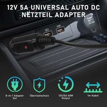 Univerzálny 12V 5A napájací adaptér do auta, USB kábel 5,5x2,5 mm, 1m, 8 adaptérov, adaptér s
