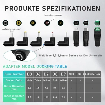 Univerzální 12V 5A napájecí adaptér do auta, USB kabel 5,5x2,5 mm, 1m, 8 adaptérů, adaptér s