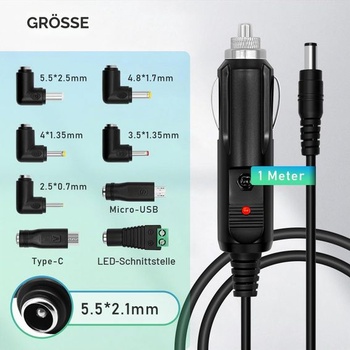 Univerzálny 12V 5A napájací adaptér do auta, USB kábel 5,5x2,5 mm, 1m, 8 adaptérov, adaptér s