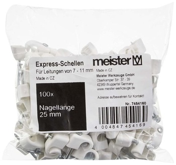 Kabelová svorka Meister Express 7-11 mm - Bílá - 100 kusů v praktické sadě - Pro zajištění kabelů a