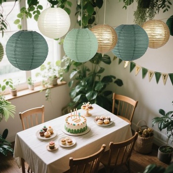 12 papierových lampášov, zelenej a zlatej, retro olivová, šalviová, zelená, zlatá a biela, okrúhle