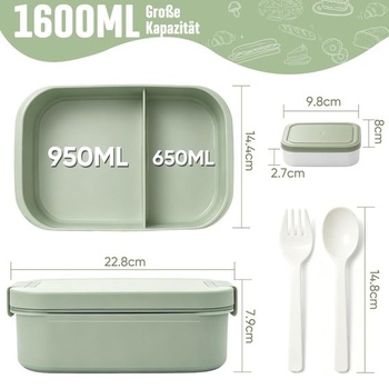 BIBURY Obedový box s priehradkami pre dospelých, 1600 ml, nepriepustný, bez BPA, s príbormi a 2 nádobami