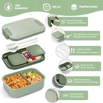 BIBURY Obedový box s priehradkami pre dospelých, 1600 ml, nepriepustný, bez BPA, s príbormi a 2 nádobami