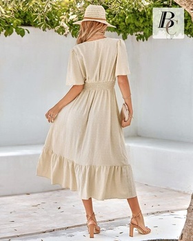 Dámske letné šaty BebreezChic, dlhé, elegantné, s krátkym rukávom, výstrihom do V, vysokým pásom,