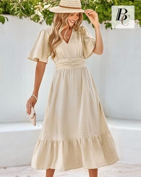 Dámske letné šaty BebreezChic, dlhé, elegantné, s krátkym rukávom, výstrihom do V, vysokým pásom,