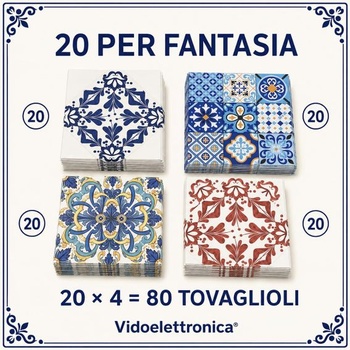 80 zdobených papierových obrúskov, 4 zakázané majolikové vzory s kvetinovými motívmi, rôzne farby,