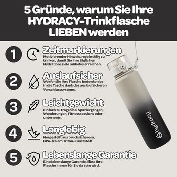 Fľaša na vodu Hydracy Motivation s časovačom a ovocným nálevníkom 1l, šedo-čierna
