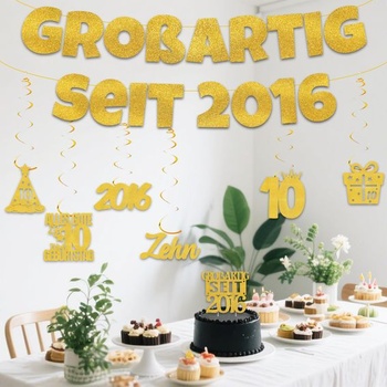 Girlanda k 10. narodeninám pre chlapcov a dievčatá - zlatý banner s dekoráciou k 10. narodeninám,