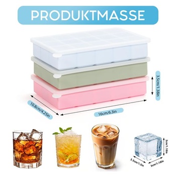 3 kusy silikónových formičiek na ľad s 15 priehradkami a viečkami (3*3*3,3 cm)