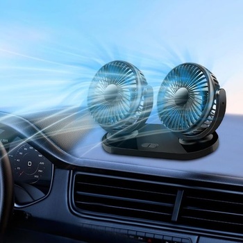 Dvouhlavý ventilátor do auta s USB, otočný o 360° s USB a 3 rychlostmi, duální ventilátor vhodný s
