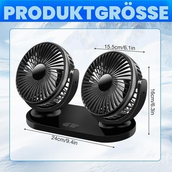 Dvouhlavý ventilátor do auta s USB, otočný o 360° s USB a 3 rychlostmi, duální ventilátor vhodný s