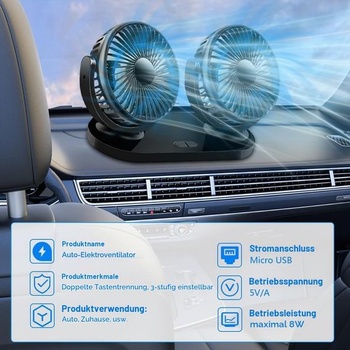 Dvojhlavý ventilátor do auta s USB, otočný o 360 ° s USB a 3 rýchlosťami, duálny ventilátor vhodný s