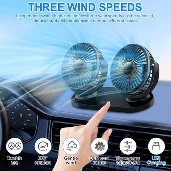 Dvojhlavý ventilátor do auta s USB, otočný o 360 ° s USB a 3 rýchlosťami, duálny ventilátor vhodný s