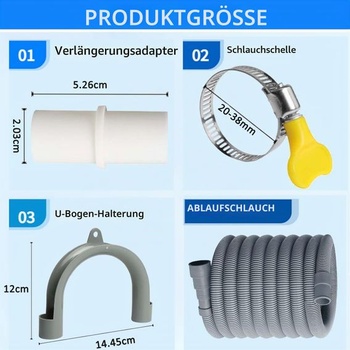 Hadice k pračce 1 m, prodloužení odtokové hadice s držákem, hadice na odpadní vodu s konektorem a 4