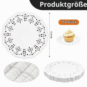150 kartónových tortových obrúskov, okrúhle obrúsky v tvare košíčka, 11,5 cm, biela 11,5 cm - 150 ks