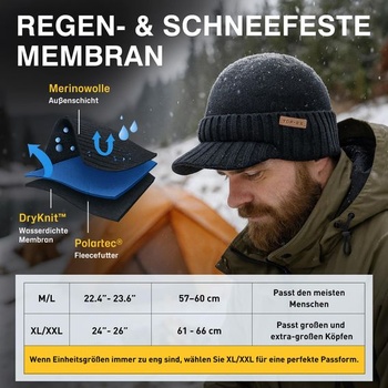 Čepice TOP-EX PolarWool™ z merino vlny s kšiltem a fleecovou podšívkou, velikost M–XXL, nepromokavá