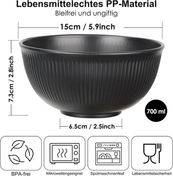 Sada 6 plastových misek na cereálie, nerozbitné plastové misky v 6 barvách, objem 750 ml, vhodné do