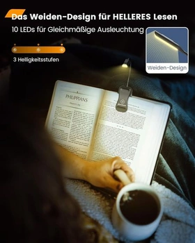 Čtecí lampa Glocusent s knižní svorkou, dobíjecí knižní lampa s 10 LED diodami, 3 barvy a 3 úrovně