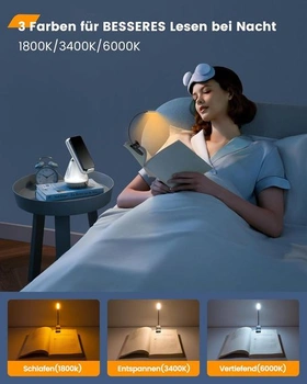 Čtecí lampa Glocusent s knižní svorkou, dobíjecí knižní lampa s 10 LED diodami, 3 barvy a 3 úrovně