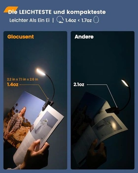 Čtecí lampa Glocusent s knižní svorkou, dobíjecí knižní lampa s 10 LED diodami, 3 barvy a 3 úrovně