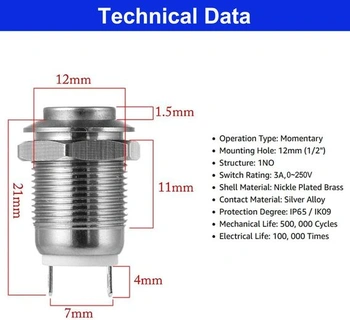 GUUZI 18 kusů 12mm 2A 12V/24V/125V/250VAC tlačítko s okamžitým zapnutí/vypnutím z nerezové oceli