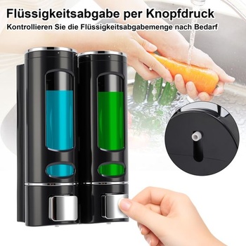 Nástěnný dávkovač mýdla bez vrtání, 2 komory, dávkovač sprchového gelu, černý, 2 x 400 ml