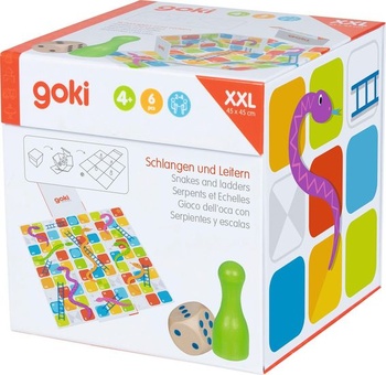 Goki XXL Hady a rebríky v rozkladacej kocke: 15 x 15 x 15 cm, kartón a drevo, 6 dielikov