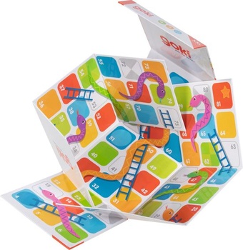 Goki XXL Hady a rebríky v rozkladacej kocke: 15 x 15 x 15 cm, kartón a drevo, 6 dielikov