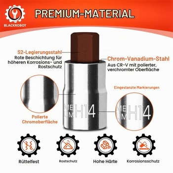 Červená 14mm imbusová vložka bitu | 1/2 palce (12,5 mm) H14 šestihranná hlavice | 55mm délka rázové