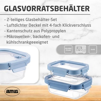 Amig - Sada 2 hermetických sklenených nádob - 370ml, 640ml - Priehľadné sklo - Polypropylénové viečka