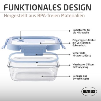 Amig - Sada 2 hermetických sklenených nádob - 370ml, 640ml - Priehľadné sklo - Polypropylénové viečka