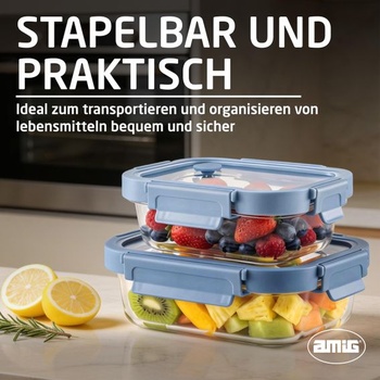 Amig - Sada 2 hermetických sklenených nádob - 370ml, 640ml - Priehľadné sklo - Polypropylénové viečka