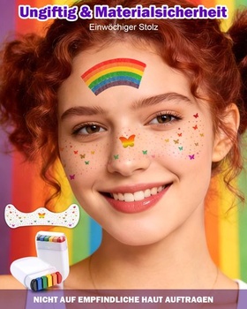 Súprava na líčenie Pride: 2 dúhové make-up tyčinky a 8 trblietavých pehových tetovaní pre Pride Parade,