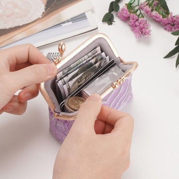 Fialová látková peňaženka na mince pre ženy a dievčatá, elegantná prenosná vyšívaná krajková malá