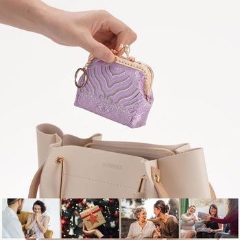 Fialová látková peňaženka na mince pre ženy a dievčatá, elegantná prenosná vyšívaná krajková malá