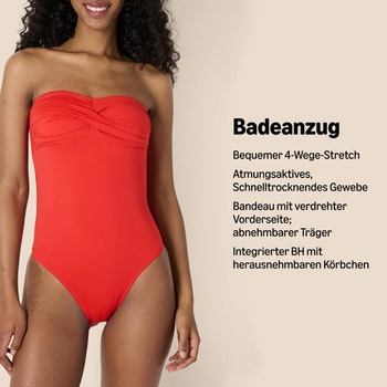 Dámske jednodielne plavky bandeau Amazon Essentials, veľkosť 40, žiarivo makovo červené