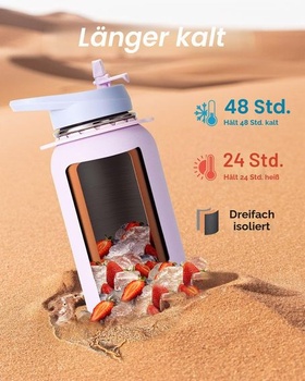 Coolflask Izolovaná nerezová láhev na vodu 1183 ml, popruh, 2 víčka Levandulová 1183 ml